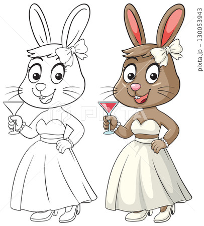 Elegant Cartoon Bunny in Evening Dress Holding Cocktail Elegant Cartoon Bunny in Evening Dress Holding Cocktail 130053943