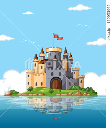 Medieval Castle on Island with Water Reflection 130053962
