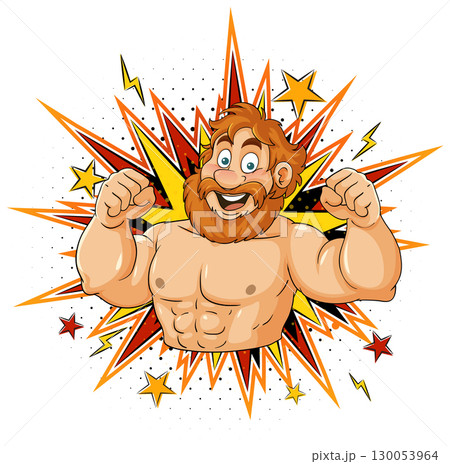 Cartoon Muscular Man Flexing with Comic Burst Background Cartoon Muscular Man Flexing with Comic Burst Background 130053964