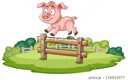 Cartoon Pig Jumping Over Wooden Fence in Farmyard 130053977