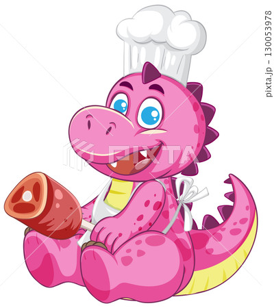 Cute Pink Dinosaur Chef Holding Meat Drumstick Cute Pink Dinosaur Chef Holding Meat Drumstick 130053978