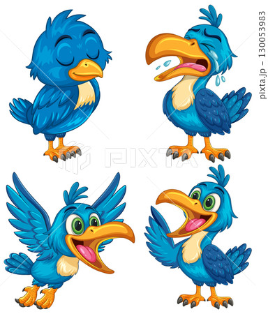 Cartoon Blue Birds Expressing Different Emotions and Actions Cartoon Blue Birds Expressing Different Emotions and Actions 130053983