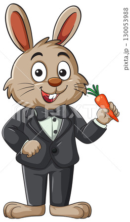 Cartoon Rabbit in Tuxedo Holding Carrot Cartoon Rabbit in Tuxedo Holding Carrot 130053988