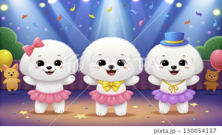 Cute fluffy animals performing a dance routine on a colorful stage during a festive celebration 130054137