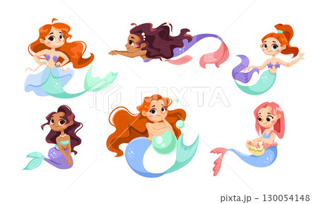 A collection of colorful and playful cartoon mermaids depicted in a variety of joyful poses 130054148