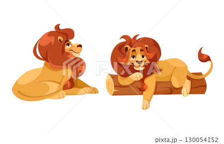 A delightful scene featuring playful cartoon lions happily relaxing in a lush forest setting 130054152