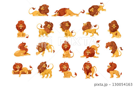 Vector Illustrations Featuring Cartoon Lions Displaying Various Poses and Expressions 130054163