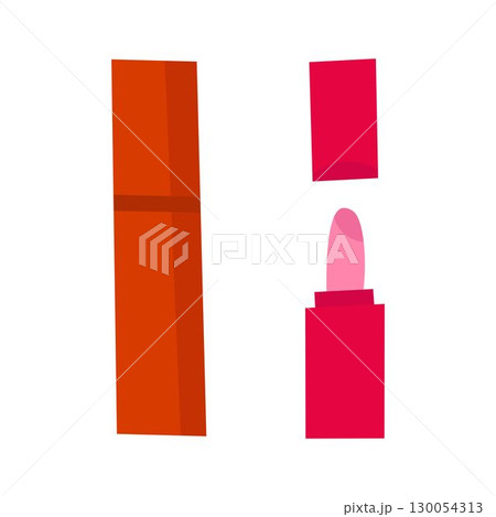 Flat illustration of a closed and opened lipstick tube in red and pink shades. Flat illustration of a closed and opened lipstick tube in red and pink shades. 130054313