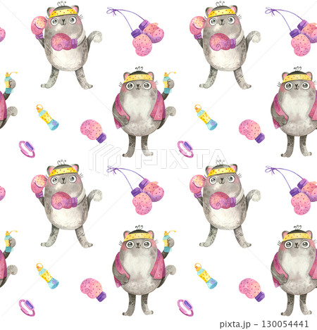 Seamless pattern with Boxer cats for sports goods. Cute character in boxing gloves. Watercolor illustrations on white background. 130054441