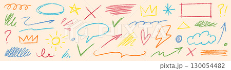 Pencil color crayon line element set. Hand drawn scribble chalk pencil stroke colorful swirl, flower, cloud and arrow shape with crayon rough texture. Children paint background. Vector 130054482