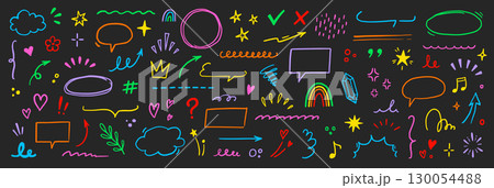 Cute line element icon set. Hand drawn heart, star, cloud brush stroke colorful cartoon style. Funny doodle sketch arrow, heart, flower marker decoration for kid art design. Vector 130054488