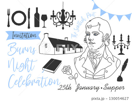 Robert Burns Night 25th January, United Kingdom Scotland flags. Vector vintage invitation illustration 130054627
