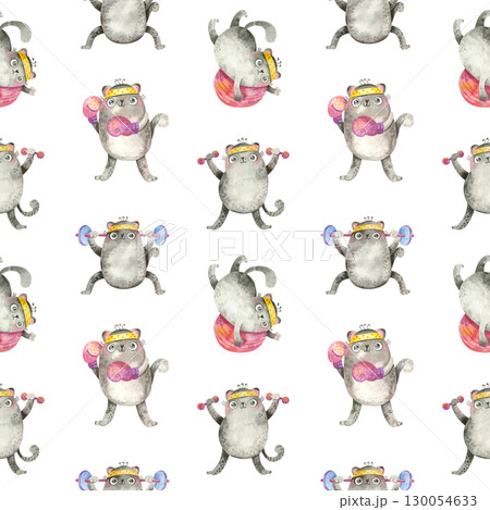 Seamless pattern with Boxer cats in boxing gloves and playing fitball kittens. Backdrop for sports goods. Cute characters. Watercolor illustrations on white background. Seamless pattern with Boxer cats in boxing gloves and playing fitball kittens. Backdrop for sports goods. Cute characters. Watercolor illustrations on white background. 130054633
