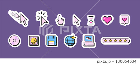 Retro 90s computer sticker pack with pixel cursor, floppy disk, CD, hourglass, heart, chat bubble, monitor. Concept of nostalgia, vintage technology, and digital interface. Flat vector illustration. 130054634