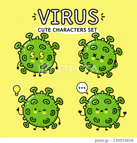A cute set of cartoon virus characters expressing various emotions, perfect for medical or educational content. A cute set of cartoon virus characters expressing various emotions, perfect for medical or educational content. 130054656