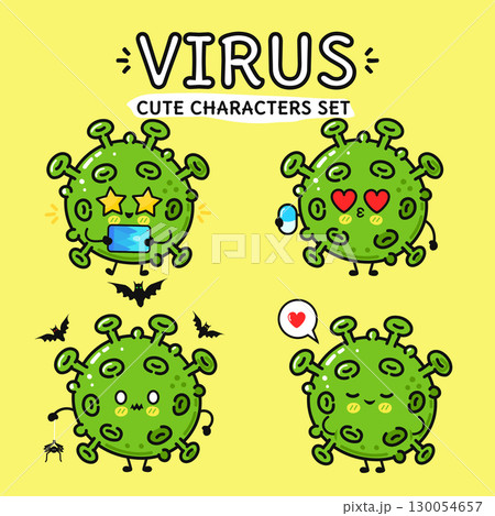 Cute cartoon virus characters set with various expressions on a vibrant yellow background. Cute cartoon virus characters set with various expressions on a vibrant yellow background. 130054657