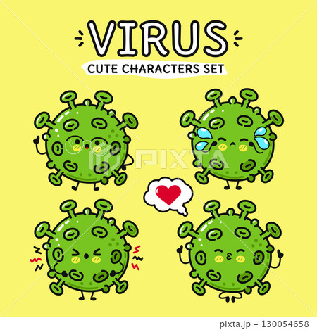 Cute cartoon virus characters expressing emotions on a bright yellow background, ideal for various designs. 130054658