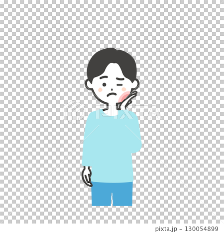 Illustration of a boy holding his swollen cheeks Illustration of a boy holding his swollen cheeks 130054899