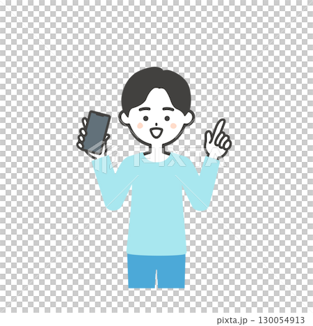 一個男孩拿著智慧型手機並指向上方的插圖 130054913