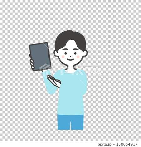 一個男孩指著平板電腦的插圖 一個男孩指著平板電腦的插圖 130054917