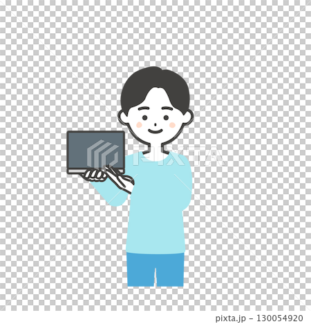 一個男孩指著一台筆記型電腦的插圖 一個男孩指著一台筆記型電腦的插圖 130054920