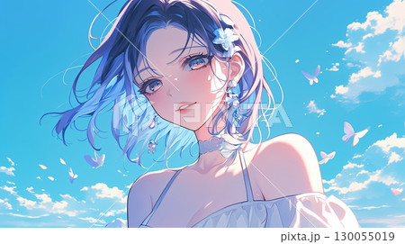 空を背景に立つ白いワンピースの女性 130055019