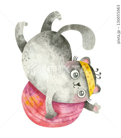 The cat is in training. Cute character on a fitball in an inverted pose.Mascot for sports goods, fitness courses. Watercolor hand drawn illustration. 130055063