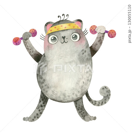 Cat athlete. Cute character with dumbbells. Mascot for sports goods, fitness courses. Watercolor hand drawn illustration. Cat athlete. Cute character with dumbbells. Mascot for sports goods, fitness courses. Watercolor hand drawn illustration. 130055110