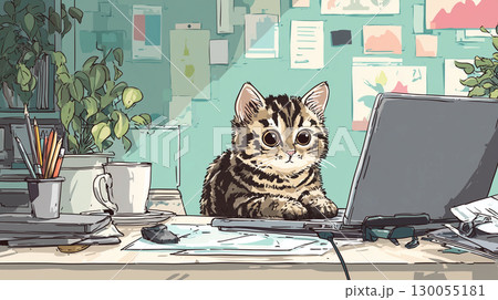 猫のデスクワーク 130055181