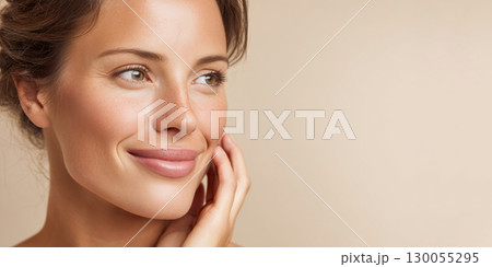 Smiling young women with flawless skin posing for skincare beauty advertisement with copy space Smiling young women with flawless skin posing for skincare beauty advertisement with copy space 130055295