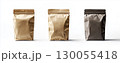 Three brown kraft stand up pouch bags for food packaging isolated on white background with clipping path, copy space 130055418
