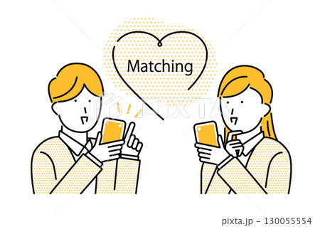 スマホでマッチングアプリを利用する若い男性と女性のイラスト スマホでマッチングアプリを利用する若い男性と女性のイラスト 130055554