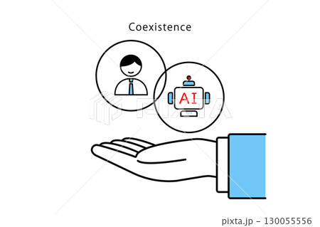 人間の従業員とAIの共存を掲げるビジネスマンの手のイラスト 人間の従業員とAIの共存を掲げるビジネスマンの手のイラスト 130055556