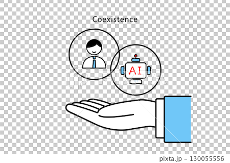 人間の従業員とAIの共存を掲げるビジネスマンの手のイラスト 人間の従業員とAIの共存を掲げるビジネスマンの手のイラスト 130055556
