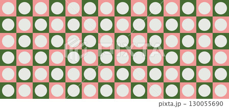 Retro diner seamless pink and green checkered tablecloth pattern with white circle motifs 130055690