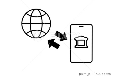 スマホアプリでオンラインバンクにアクセスするフィンテックアイコン、白黒 スマホアプリでオンラインバンクにアクセスするフィンテックアイコン、白黒 130055760