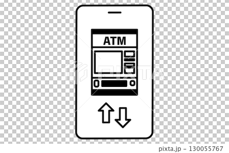 用於在智慧型手機上操作 ATM 的金融科技圖標，黑色和白色 130055767