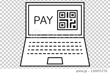 筆記型電腦和線上支付條碼的金融科技圖標，黑白 130055770