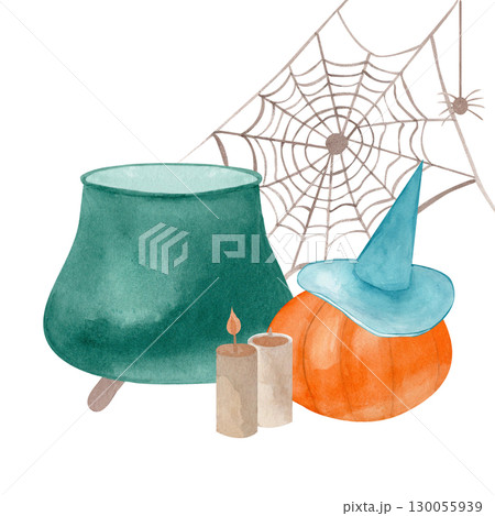 Watercolor composition with a magic cauldron, pumpkin, witch's hat, candles and cobwebs. Illustration for stationery, textiles and interior design. Theme of magic, witchcraft and Halloween 130055939