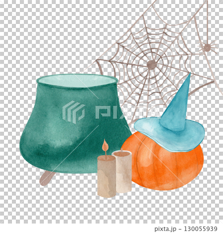 Watercolor composition with a magic cauldron, pumpkin, witch's hat, candles and cobwebs. Illustration for stationery, textiles and interior design. Theme of magic, witchcraft and Halloween 130055939