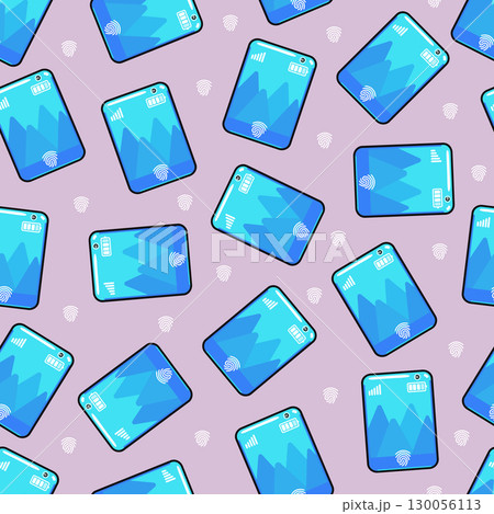 A colorful seamless pattern of blue tablets and fingerprint icons on a lilac background. A colorful seamless pattern of blue tablets and fingerprint icons on a lilac background. 130056113
