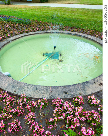 A tranquil fountain gracefully flows among a stunning array of vibrant pink flowers, creating a peaceful and calming atmosphere in this serene gardentruly a beautiful oasis of nature and tranquility 130056258