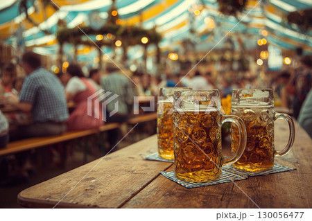 Beer mugs on coasters on a wooden table at Oktoberfest. Beer and folklore festival. Street bar. 130056477