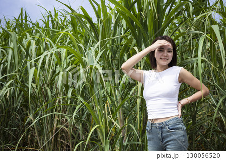 サトウキビ畑に立つかわいい女性 サトウキビ畑に立つかわいい女性 130056520