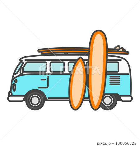 レトロなバン・ワゴンタイプのクラシックカー　サーフボード、ハワイ・カリフォルニアの情景 130056528