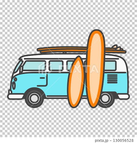 レトロなバン・ワゴンタイプのクラシックカー　サーフボード、ハワイ・カリフォルニアの情景 130056528