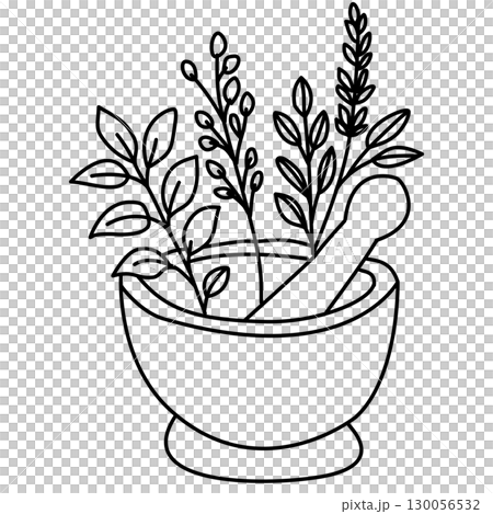 Hand drawn mortar and pestle illustration with wild herbs cottagecore apothecary doodle perfect for herbal magic kitchen witchcraft recipe cards journaling scrapbooking and botanical crafts 130056532