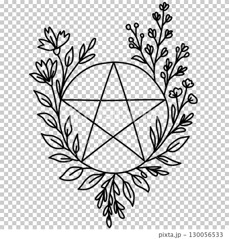 Hand drawn pentagram illustration with wildflower wreath botanical witchcraft doodle perfect for wiccan spell books pagan journaling scrapbooking stickers altar decor and magical crafting projects 130056533