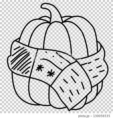 Hand drawn pumpkin with cozy scarf illustration autumn halloween doodle design for fall journaling scrapbooking stickers thanksgiving invitations harvest decorations and cozy cottagecore crafts 130056535