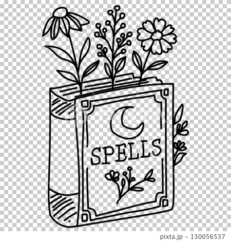 Hand drawn spell book illustration with flowers between pages magical witchy doodle design perfect for halloween journaling scrapbooking stickers book of shadows covers and cottagecore crafts 130056537